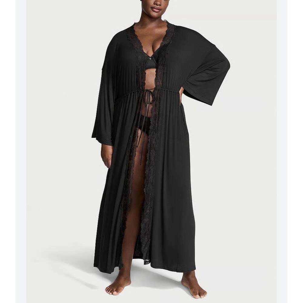 VICTORIA'S SECRET SoSoft Modal Ribbed Lace-Trim Long Robe Black Medium/Large